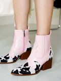 Women's Printed Patchwork Leather Pointed Toe Ankle Boots