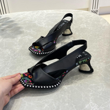 Women's Embroidered Chunky Heel Leather Sandals