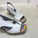 Women's Embroidered Chunky Heel Leather Sandals