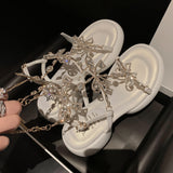 Flower Rhinestone Chunky Heel Sandals