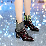 Cute Rhinestone Leather Pointed Toe Ankle Boots