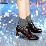 Cute Rhinestone Leather Pointed Toe Ankle Boots