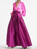 Deep V Neck Patchwork Belted Pleated Gown