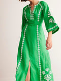 Split Neck Printed Embroidered Dress