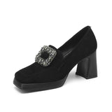 Chunky High Heels Rhinestone Buckle Women's Loafers