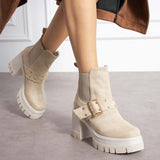 Women's Thick-Heeled Suede Buckle Detail Boots