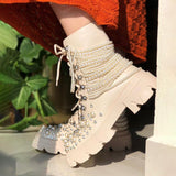 Pearl Rhinestone Embellished Combat Boots