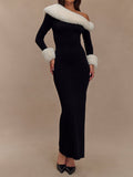 Skew Neck Faux Fur Knit Maxi Dress