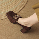 Chunky High Heels Rhinestone Buckle Women's Loafers