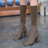 Chic Knitted and Leather Block Heel High Boots