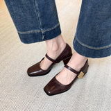 Women's Leather Square Toe Thick Heel Shoes