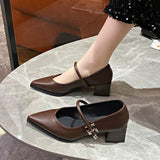 Women's Pointed Toe Chunky Heel Genuine Leather Shoes