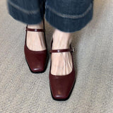 Retro Square Toe Thick Heel Leather Shoes