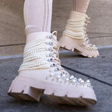 Pearl Rhinestone Embellished Combat Boots