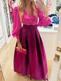 Deep V Neck Patchwork Belted Pleated Gown