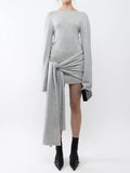 Solid Skew Neck Scarf Mini Dress