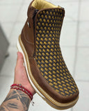 Men's Double Zipper Woven Leather Boots