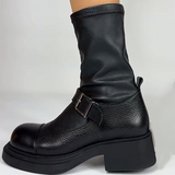 Women's Round Toe Buckle Martin Leather Boots