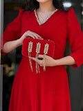 Red Velvet V-Neck Diamond Dress