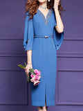 Women's Blue Beaded Simple Midi Dress