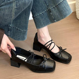 Women's Square Toe Bowknot Chunky Heel Shoes