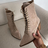 Women's Pointed Toe Chunky Heel Suede Lace-Up Boots