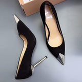 Brushed Leather High Heels With Metallic Pointed Toe & Heeled