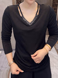 Women's Handmade V Neck Long Sleeve Rhinestone Top