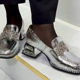 Vintage Textured Leather Rhinestone Chunky Heel Loafers