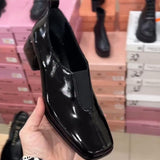 Women's Thick Heel Patent Leather Shoes