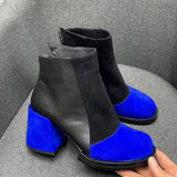 Chic Black And Blue Contrast Suede Block Heel Boots