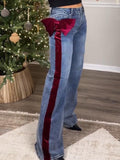 Red Velvet Bow Wide-Leg Jeans