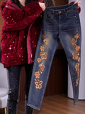 Flower Embroidery Hot Diamond High-End Slim Jeans