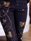 Heart-Shaped Diamond-Studded Velvet Jeans