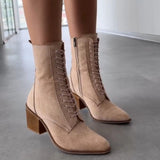 Women's Pointed Toe Chunky Heel Suede Lace-Up Boots