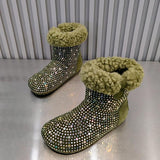 Rhinestone Lambswool Flat Ankle Boots