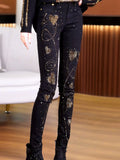 Heart-Shaped Diamond-Studded Velvet Jeans