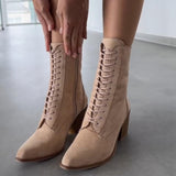 Women's Pointed Toe Chunky Heel Suede Lace-Up Boots