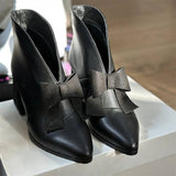 Pointed Toe Bow Chunky Heel Leather Ankle Boots