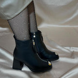 Thick Heel Genuine Leather Plus Velvet Zipper Boots