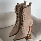 Women's Pointed Toe Chunky Heel Suede Lace-Up Boots