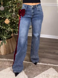 Red Velvet Bow Wide-Leg Jeans