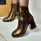 Brass Leather Patchwork Ankle Boots