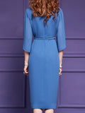 Women's Blue Beaded Simple Midi Dress