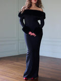 Beautiful Off Shoulder Black Fluff Split Maxi Dress