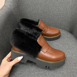 Plush Thick Sole Leather Women's Loafers