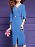 Women's Blue Beaded Simple Midi Dress