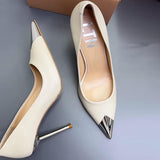 Brushed Leather High Heels With Metallic Pointed Toe & Heeled