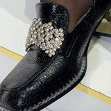 Vintage Textured Leather Rhinestone Chunky Heel Loafers