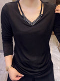 Women's Handmade V Neck Long Sleeve Rhinestone Top